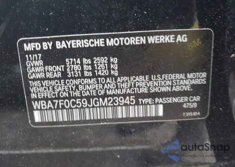 2018 BMW 750I z USA, uszkodzony, nr VIN WBA7F0C59JGM23945